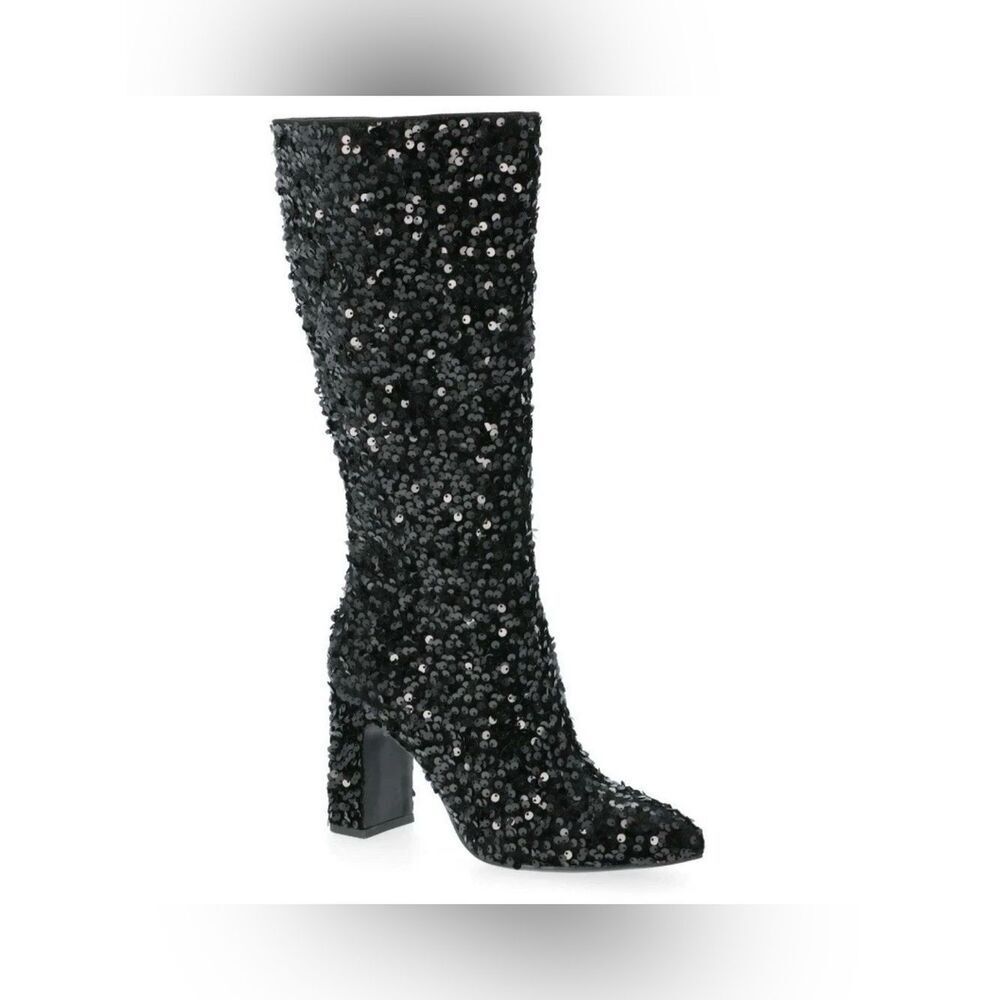 Steve Madden NYC Women's Tall Glitter Block Heel Boots, Black, Size 7 NWB